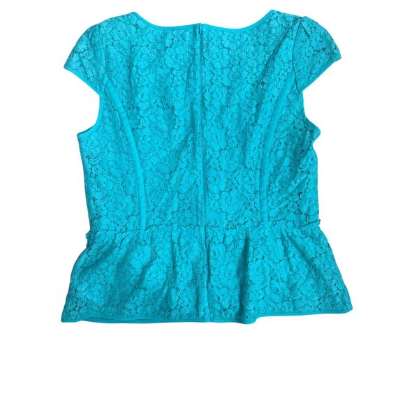 Ann Taylor Size 4 Turquoise Lace Peplum Blouse Chic Romantic Fit Floral Overlay - Picture 12 of 13